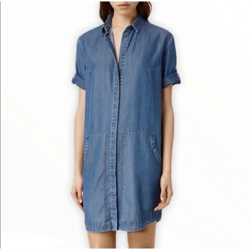 ALLSAINTS Chambray Calla Bay Linen Blend Shirt Dress Size 0